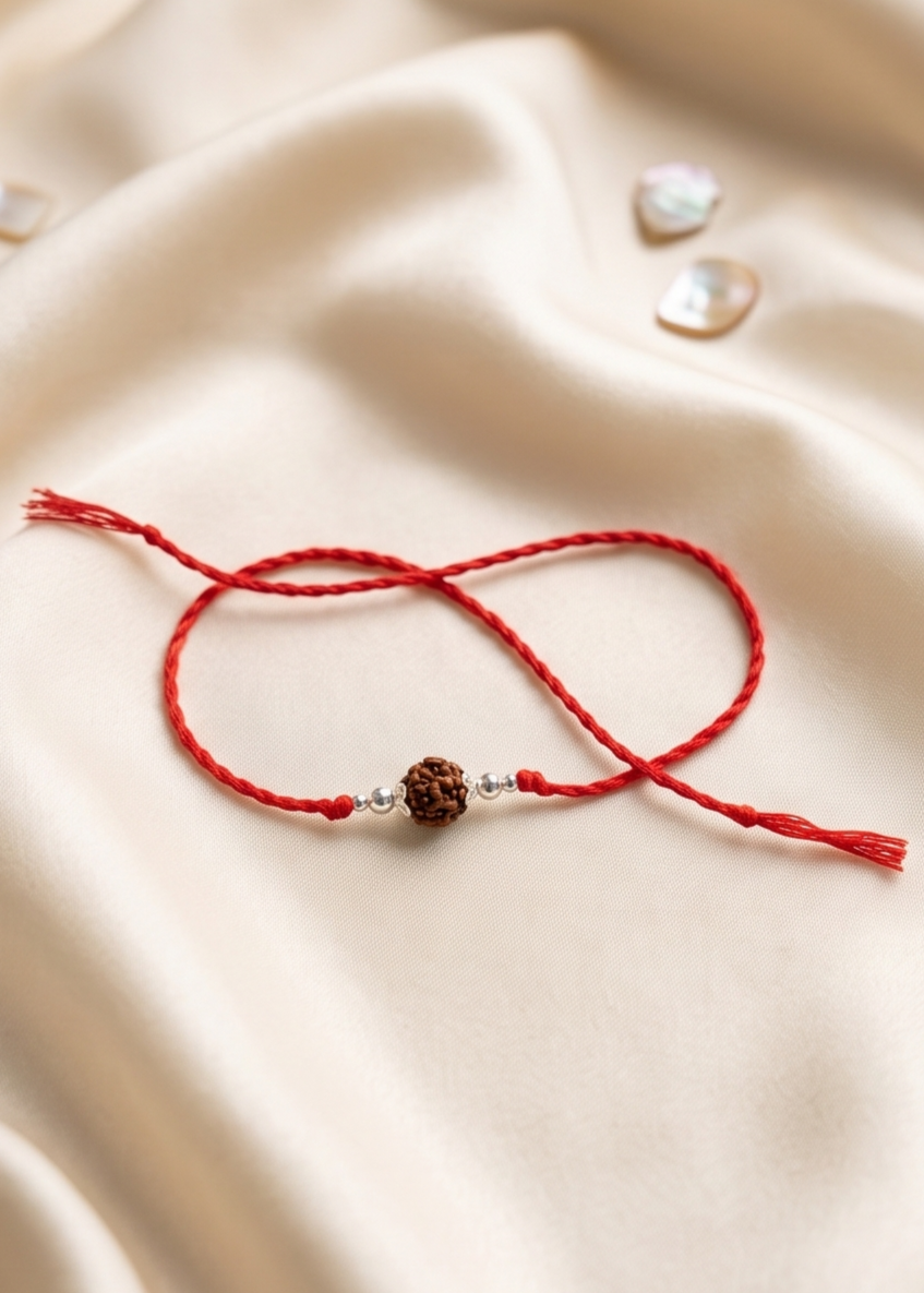 Elegant Single Rudraksh and Silver Bead Rakhi