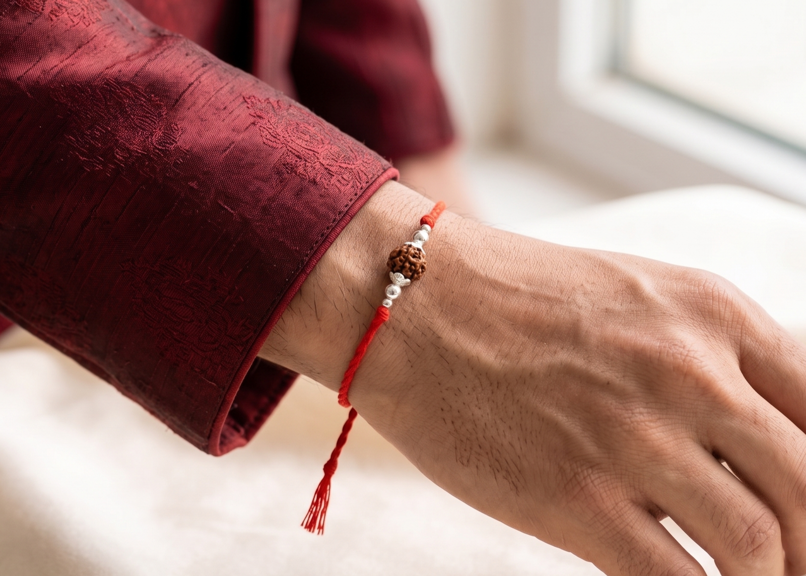 Elegant Single Rudraksh and Silver Bead Rakhi